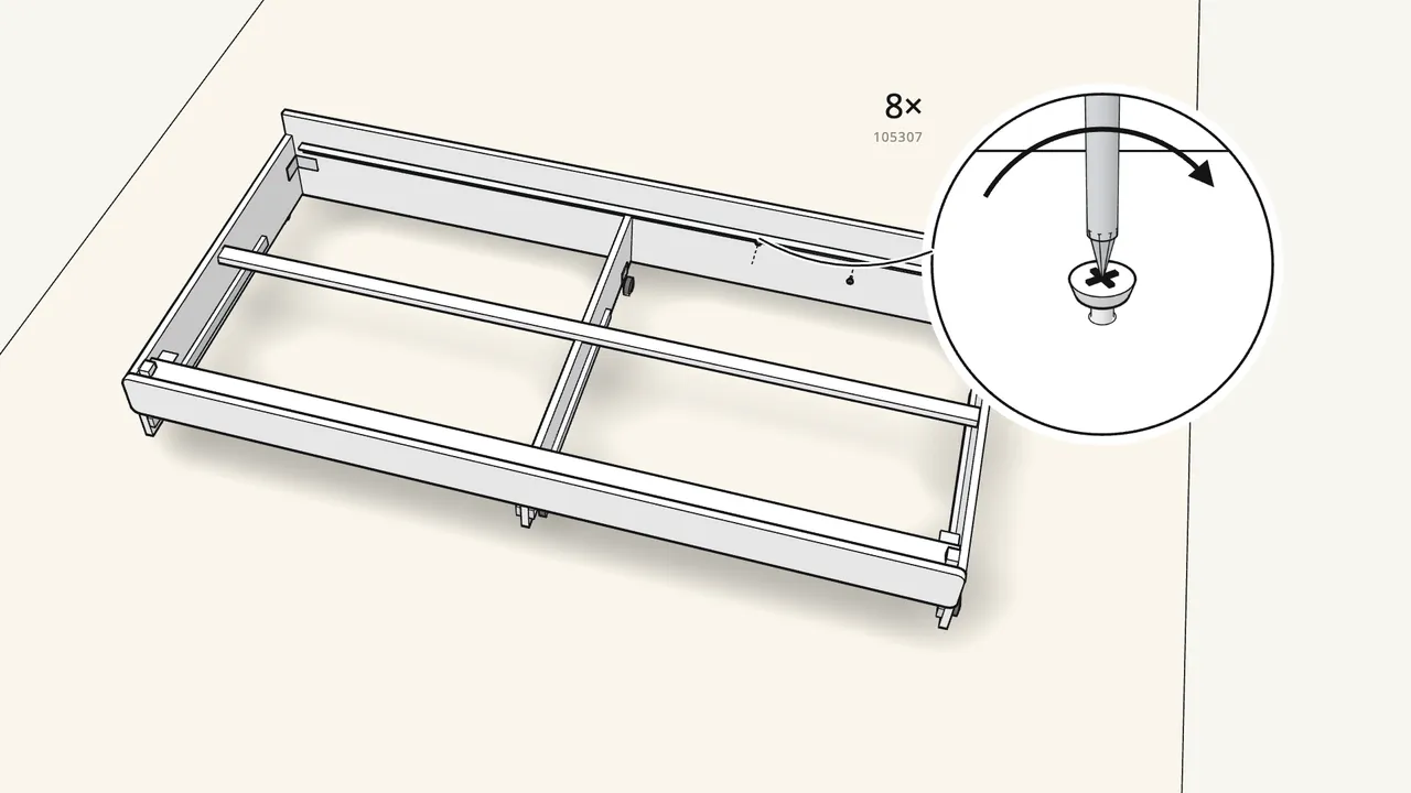 Step 19: Screw the slat rail onto the back panel: 8 screws (105307). — IKEA SLÄKT assembly