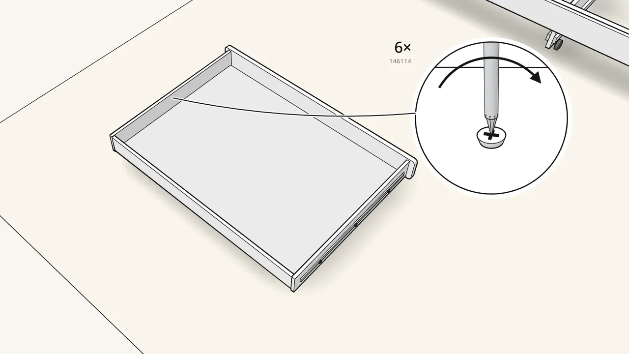 Step 23: Screw the runners DL/DR onto the drawer: 6 screws (146114). — IKEA SLÄKT assembly