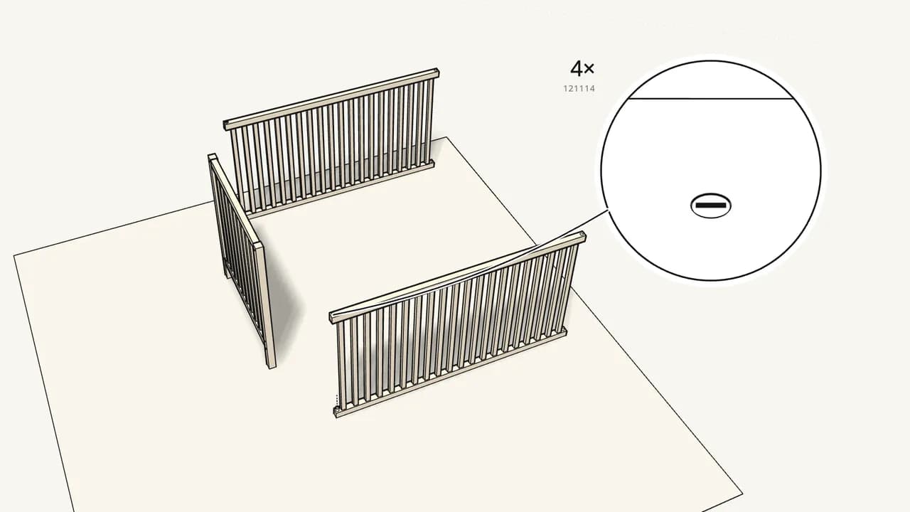 Step 1: Push 4 barrel nuts (121114) into the ends of the long sides. — IKEA SNIGLAR assembly