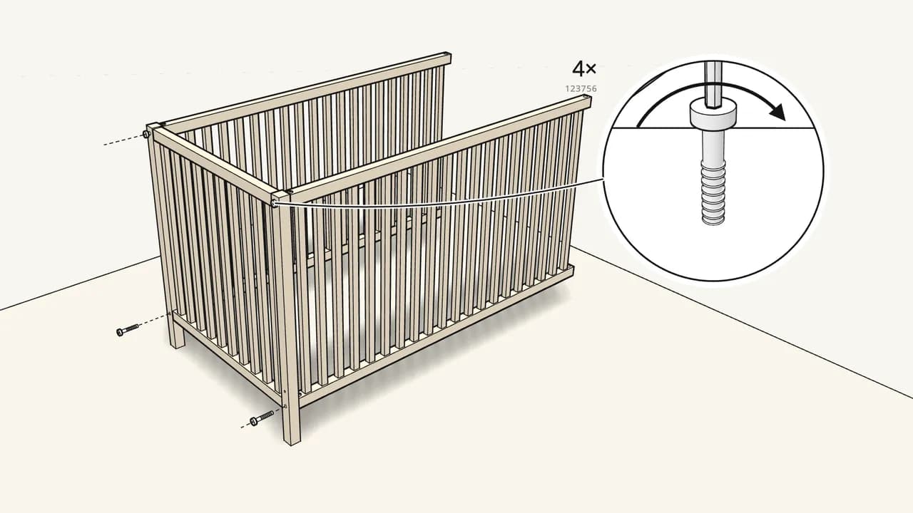 Step 2: Bolt both long sides to one end panel: 4 bolts (123756). — IKEA SNIGLAR assembly