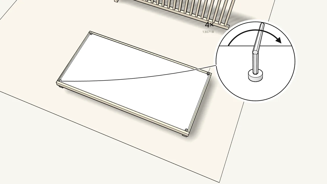 Step 3: Push 4 bolts (130718) down through the base’s corner blocks. — IKEA SNIGLAR assembly