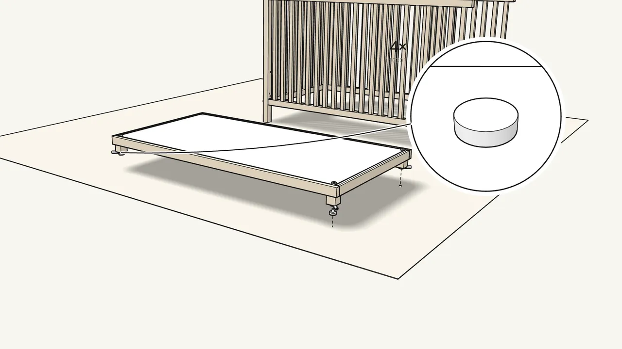 Step 4: Underneath: an arm (105657) and a cap nut (110301) on each bolt. — IKEA SNIGLAR assembly