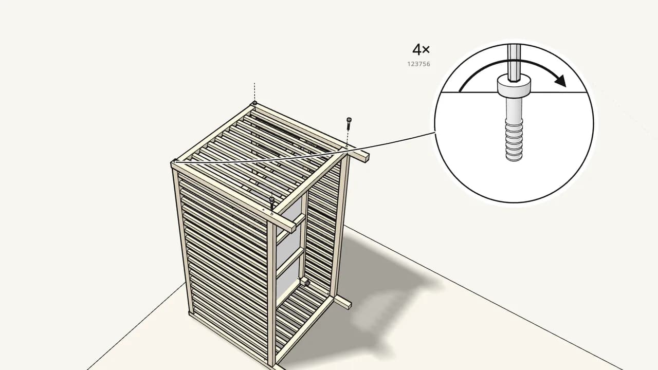 Step 8: Fit 4 barrel nuts (121114) and tighten 4 bolts (123756). — IKEA SNIGLAR assembly