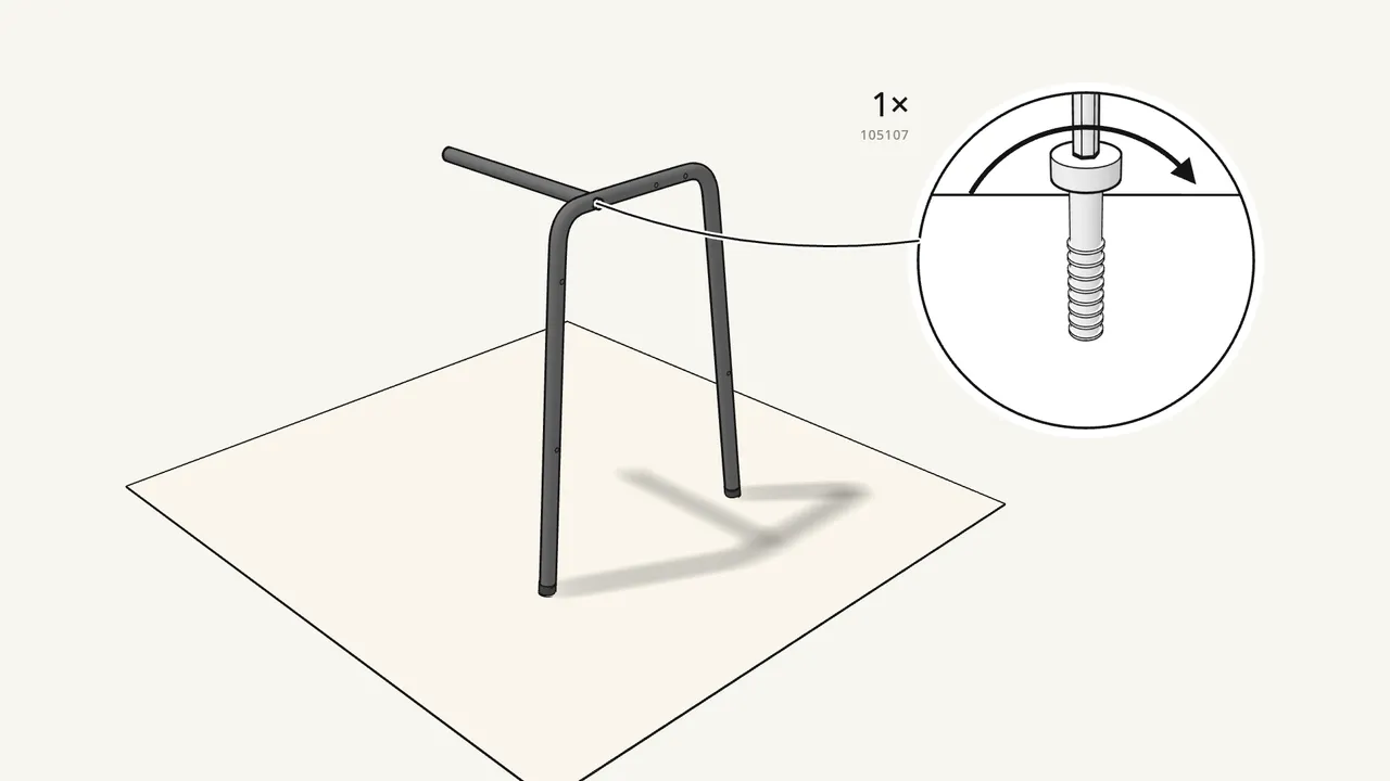 Step 1: Fix the straight rail to one leg frame with a bolt (105107). — IKEA STIG assembly