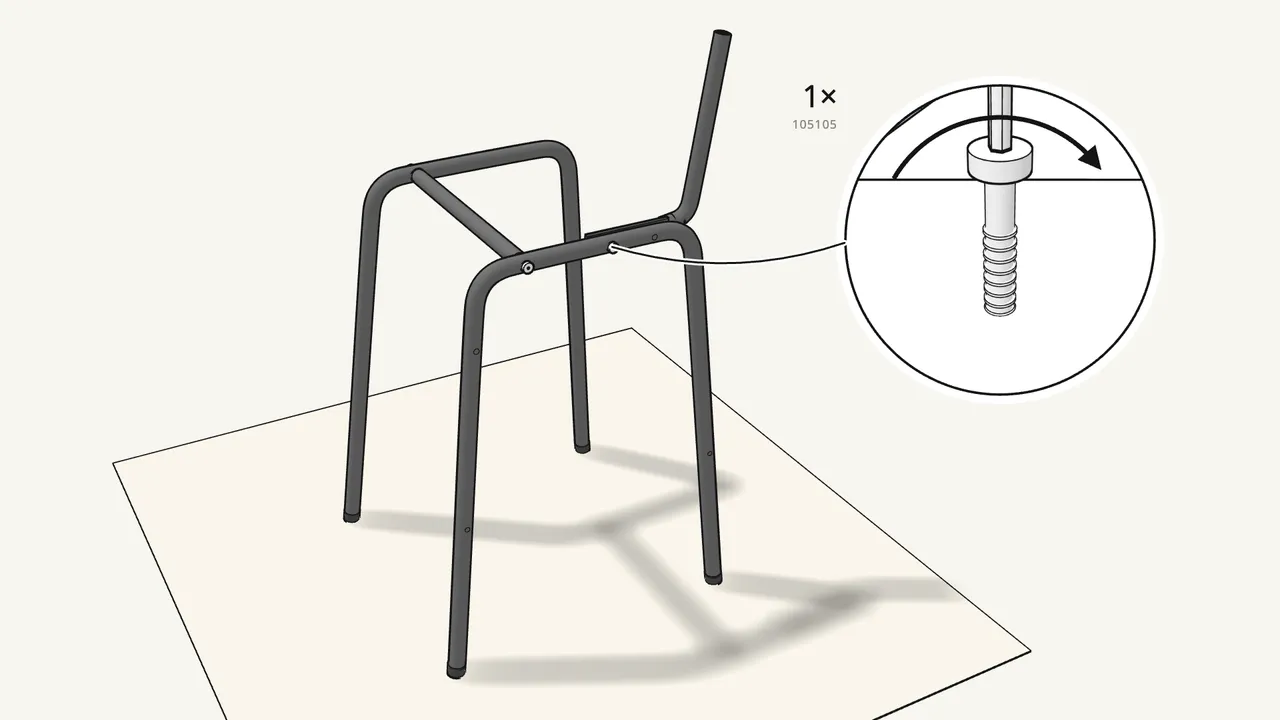 Step 3: Fit a backrest upright inside the frame — bolt 105105 and nut 100716. — IKEA STIG assembly