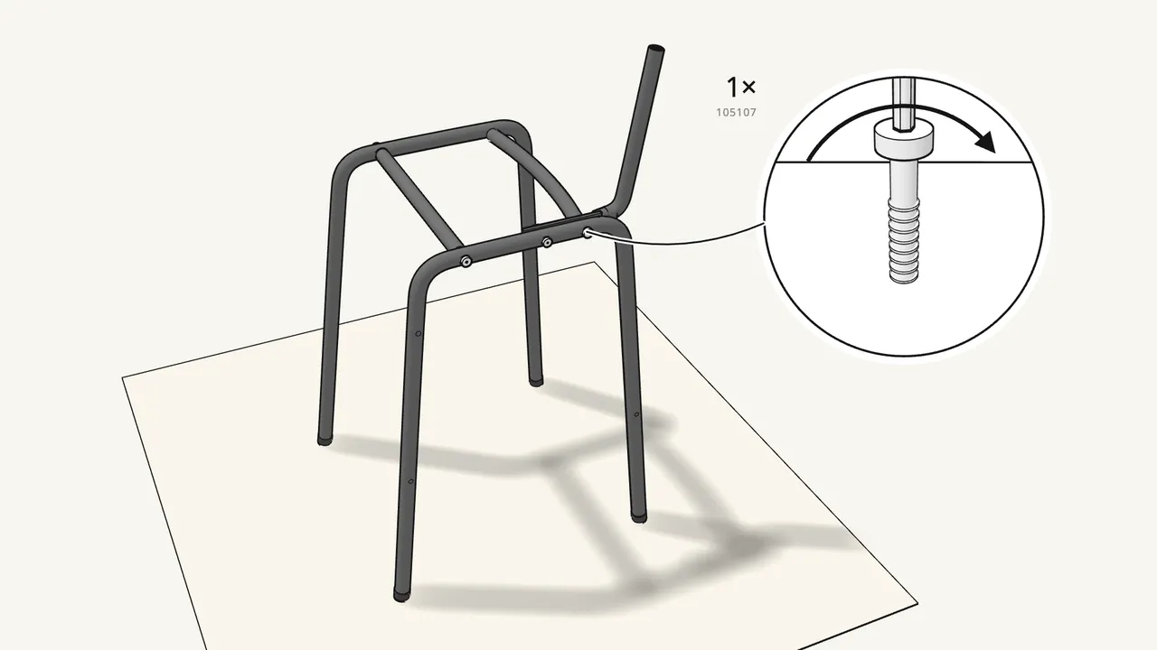 Step 4: Fit the curved rail at the back — 1 bolt (105107). — IKEA STIG assembly
