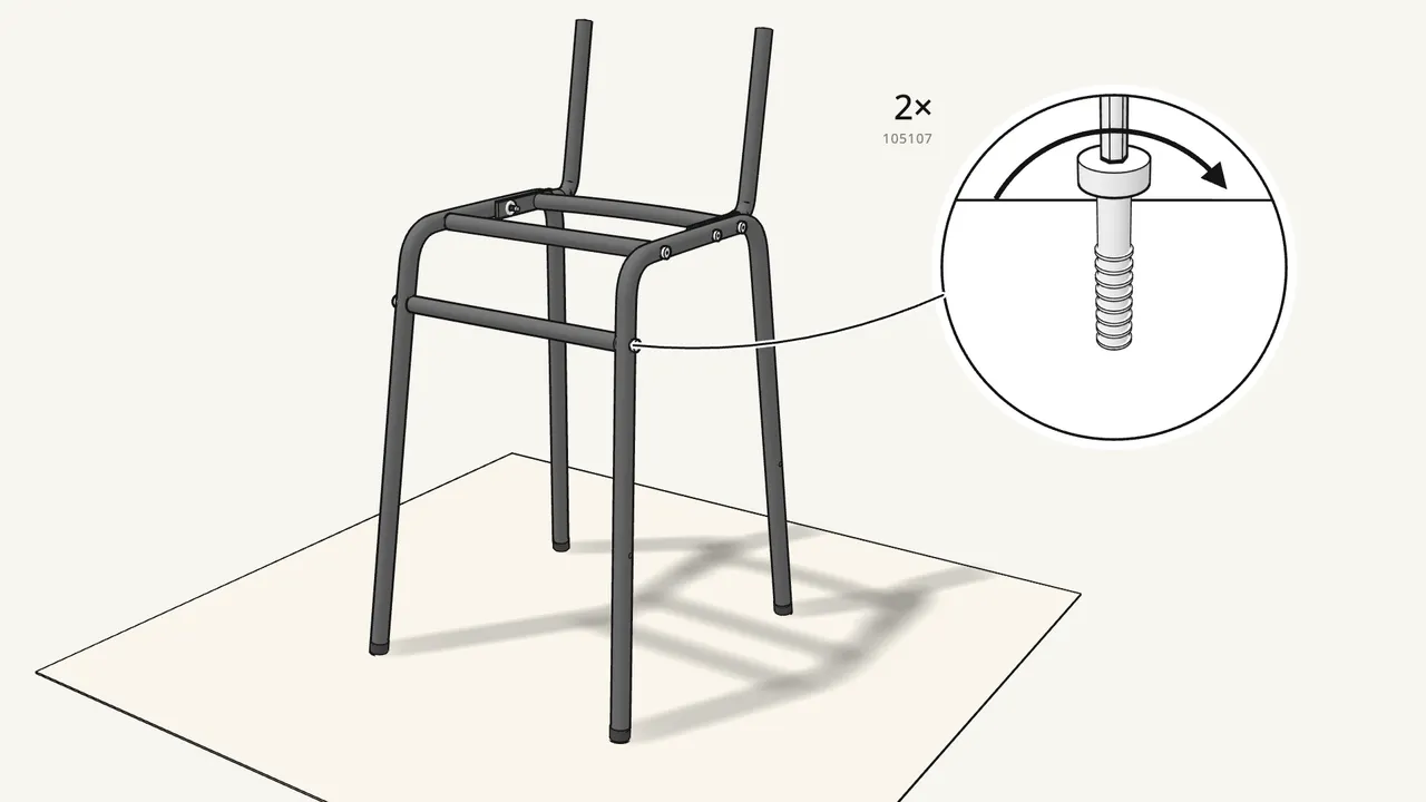 Step 7: Fit the lower front rail between the front legs — 2 bolts (105107). — IKEA STIG assembly