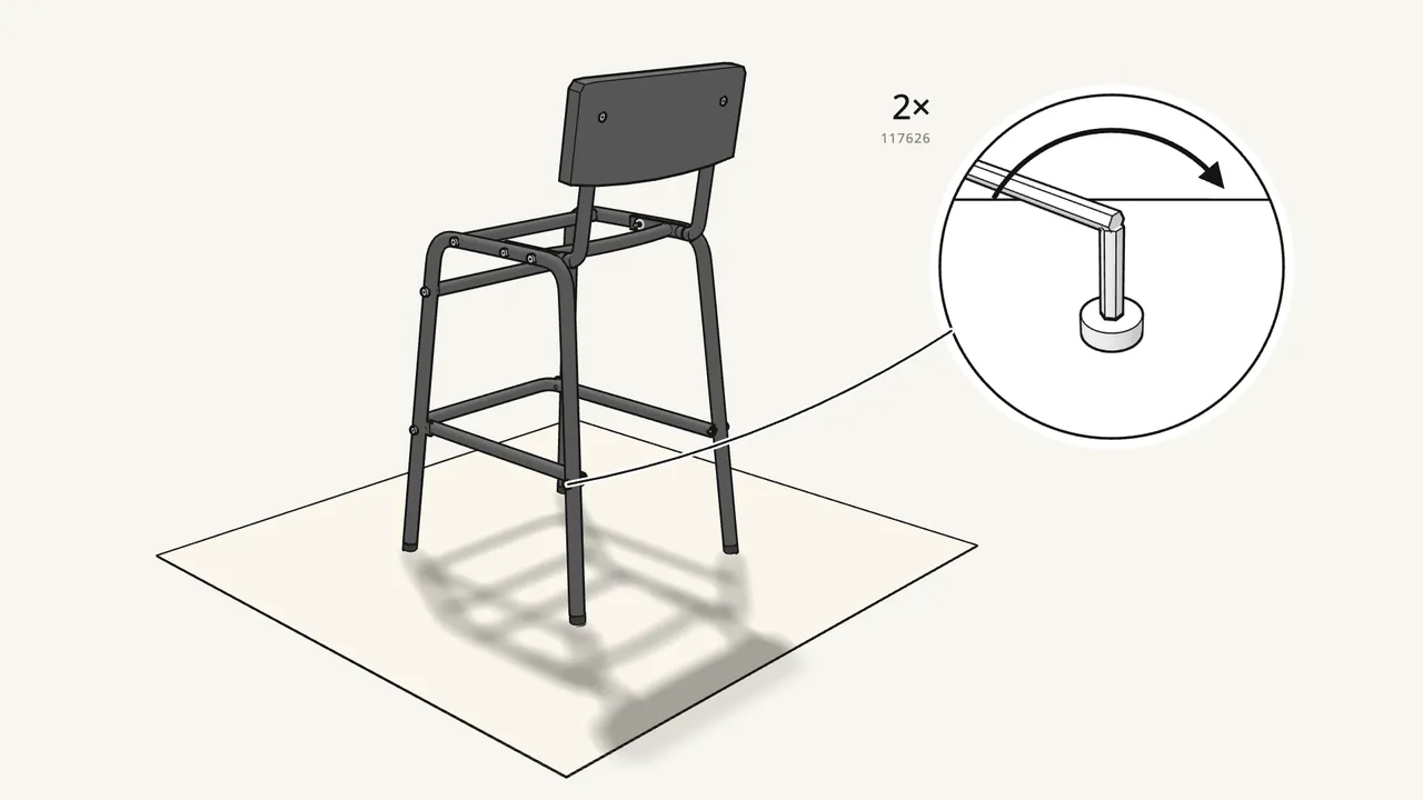 Step 12: Fix the footrest to the back legs — 2 bolts (117626). — IKEA STIG assembly