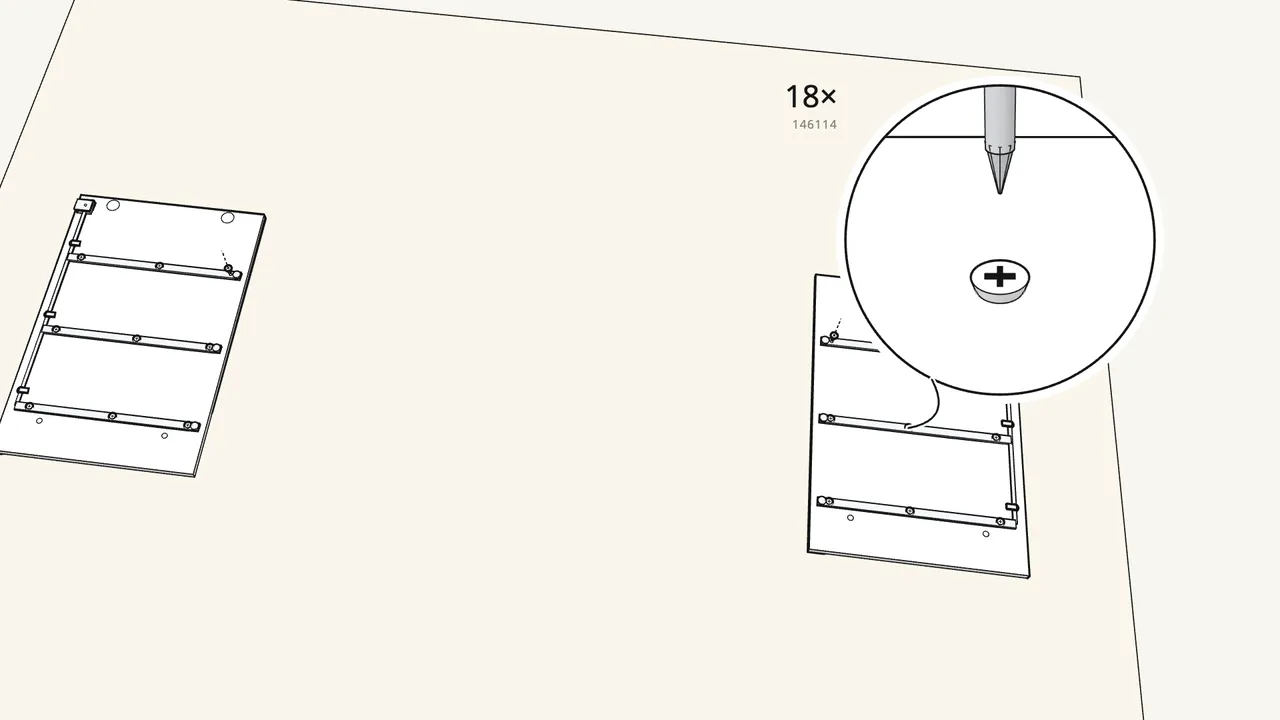 Step 1: Screw the runners onto the two side panels — 18 screws (146114). — IKEA STORKLINTA assembly