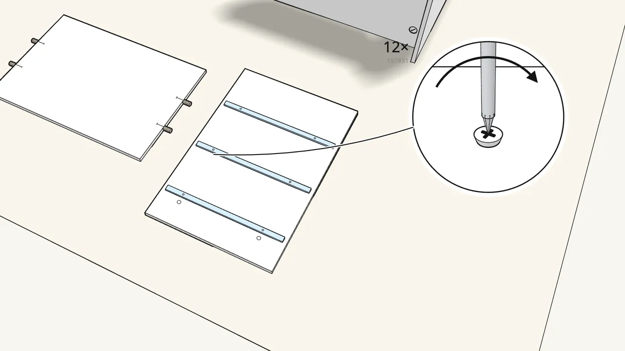 Step 4: Centre panel: fix the CL runners with 6 screws (151931), turn it over, fix the CR ones. — IKEA STORKLINTA assembly