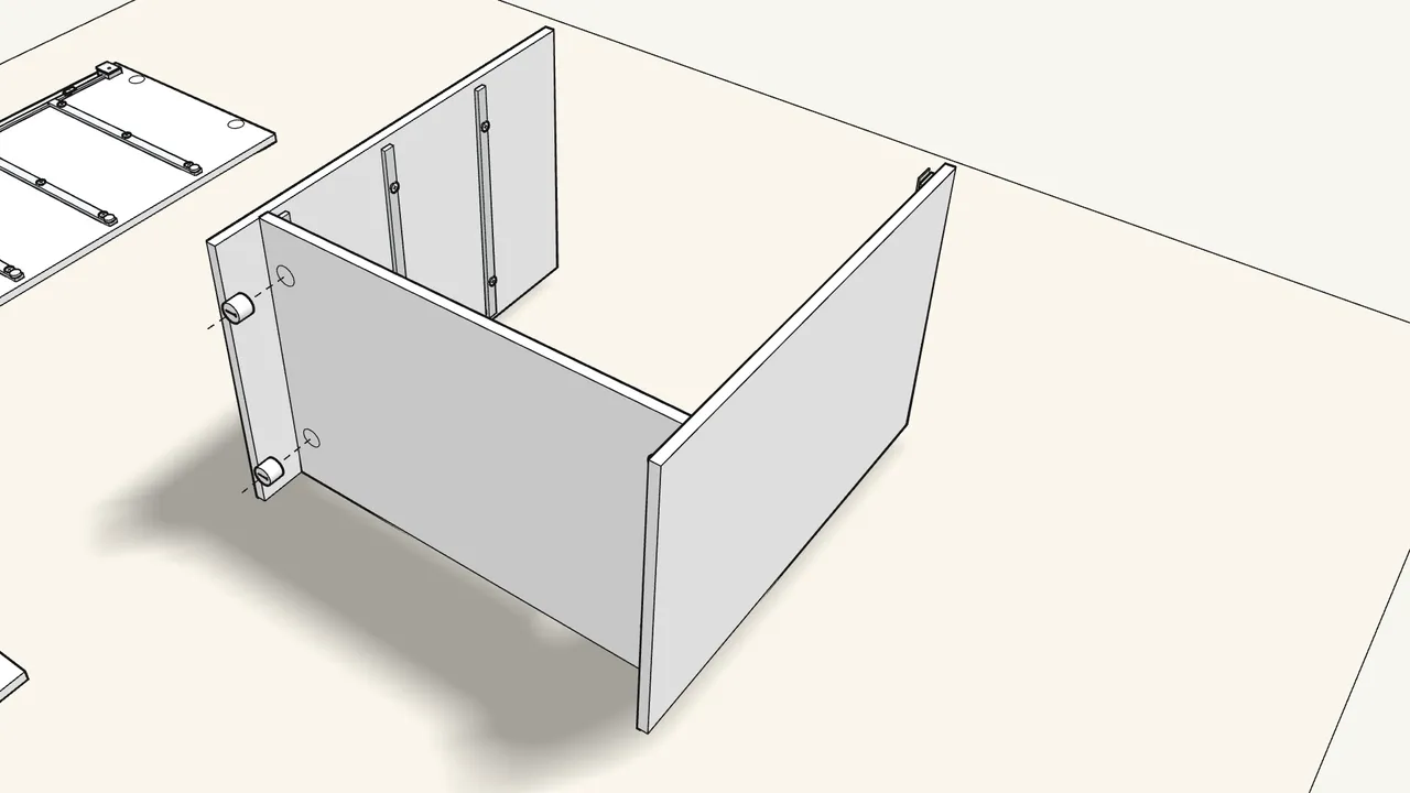Step 5: Add 2 cam bolts to the centre panel and fit it to the bottom panel. — IKEA STORKLINTA assembly