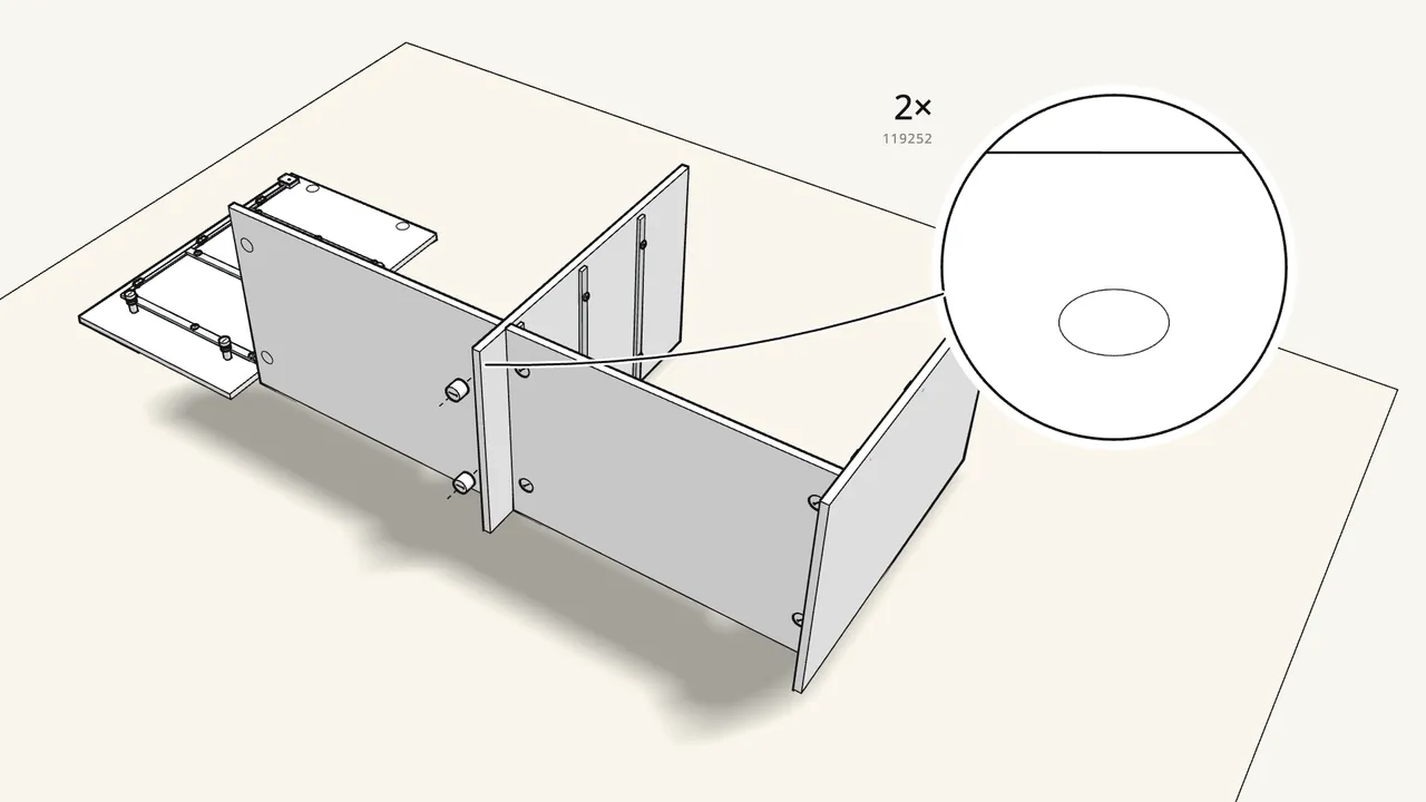 Step 6: Add 2 more cam bolts, then push on the second bottom panel. — IKEA STORKLINTA assembly