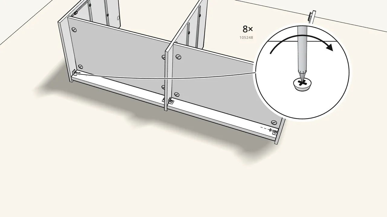 Step 8: Screw 4 brackets (102553) onto the 2 plinth rails, then fix the rails. — IKEA STORKLINTA assembly