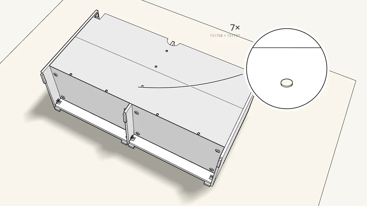 Step 10: Slide in the back panel; fix it with 7 plastic rivets and 4 clips. — IKEA STORKLINTA assembly