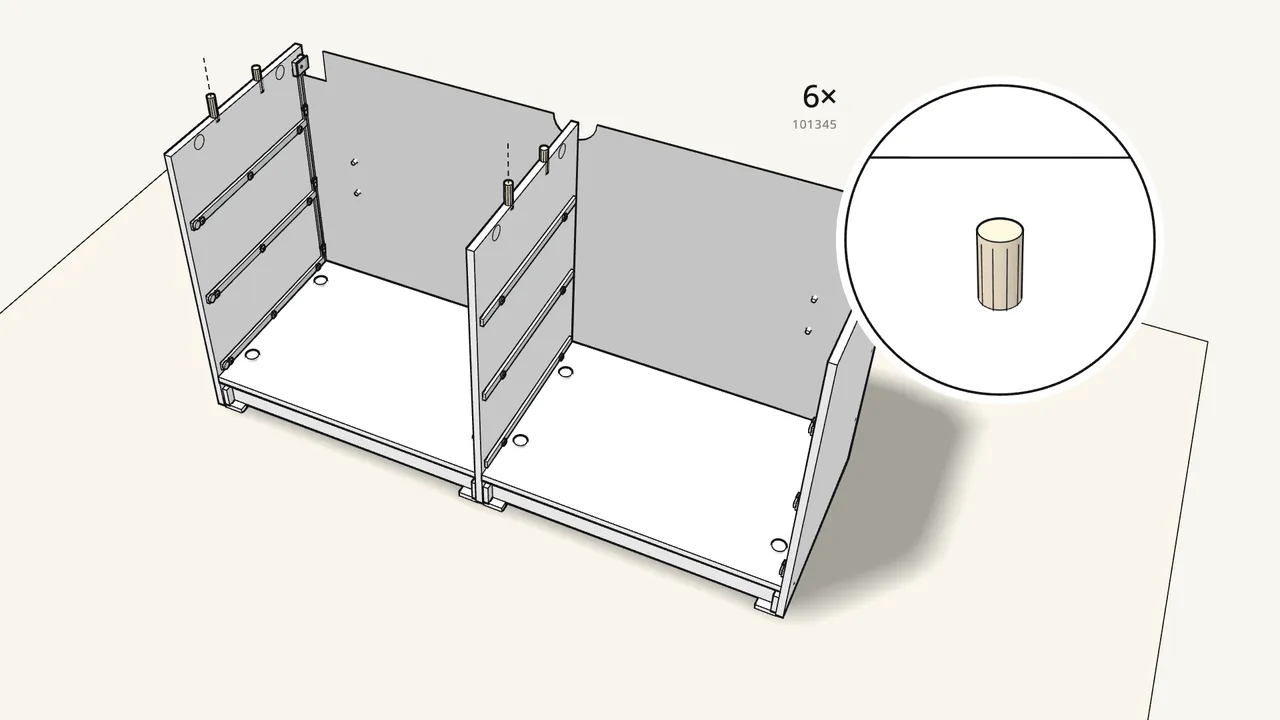 Step 12: Push 6 dowels into the top edges. — IKEA STORKLINTA assembly