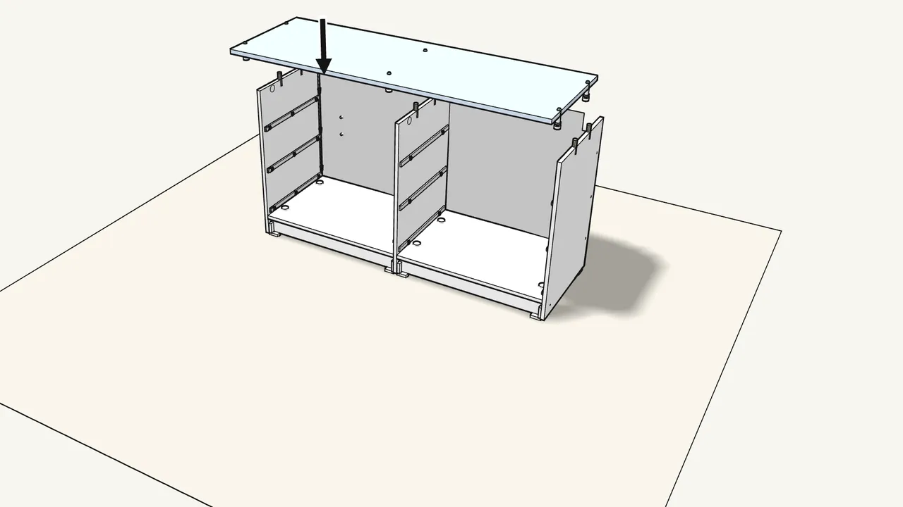Step 13: Screw 6 cam bolts into the top panel, then lower it into place. — IKEA STORKLINTA assembly