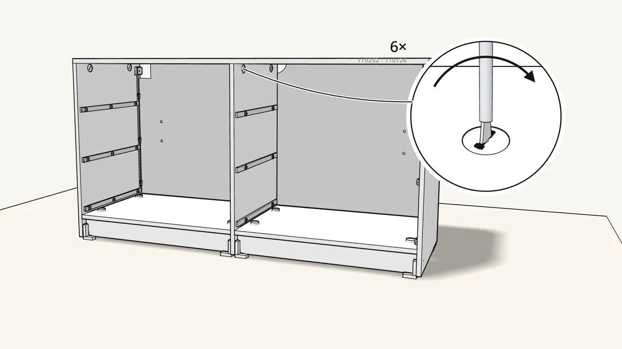 Step 14: Lock the top: 4 cam locks in the sides, 2 in the centre panel. — IKEA STORKLINTA assembly
