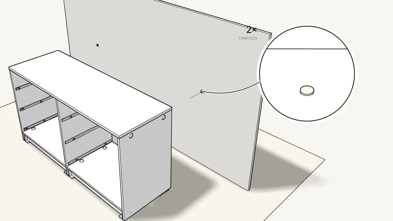 Step 18: Drill the 2 holes and fit the plugs (10087223). — IKEA STORKLINTA assembly