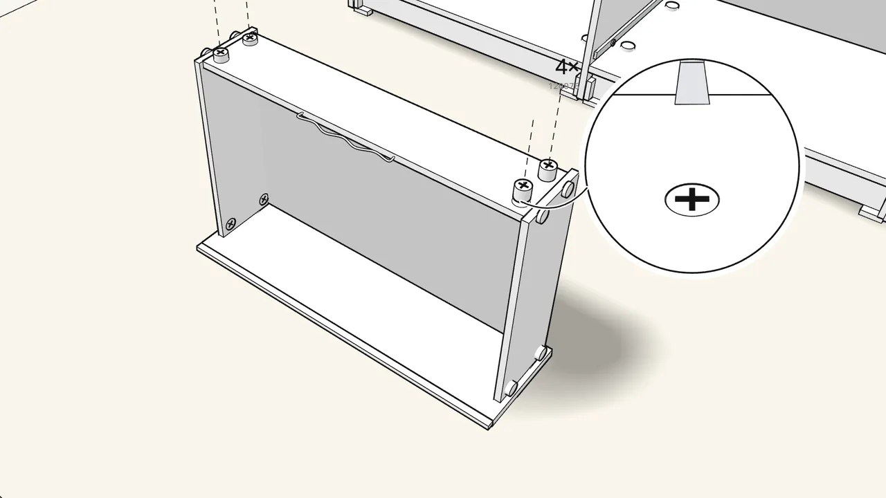 Step 24: Put the back on; push in 4 pegs (145718) and lock 4 cam locks (120076). — IKEA STORKLINTA assembly