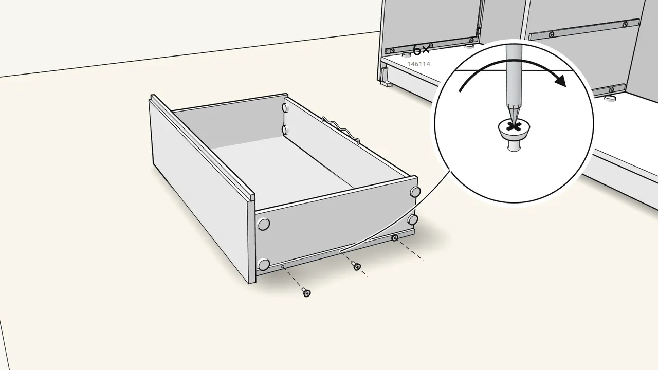 Step 25: Turn the drawer over and screw on its runners — 6 screws (146114). — IKEA STORKLINTA assembly