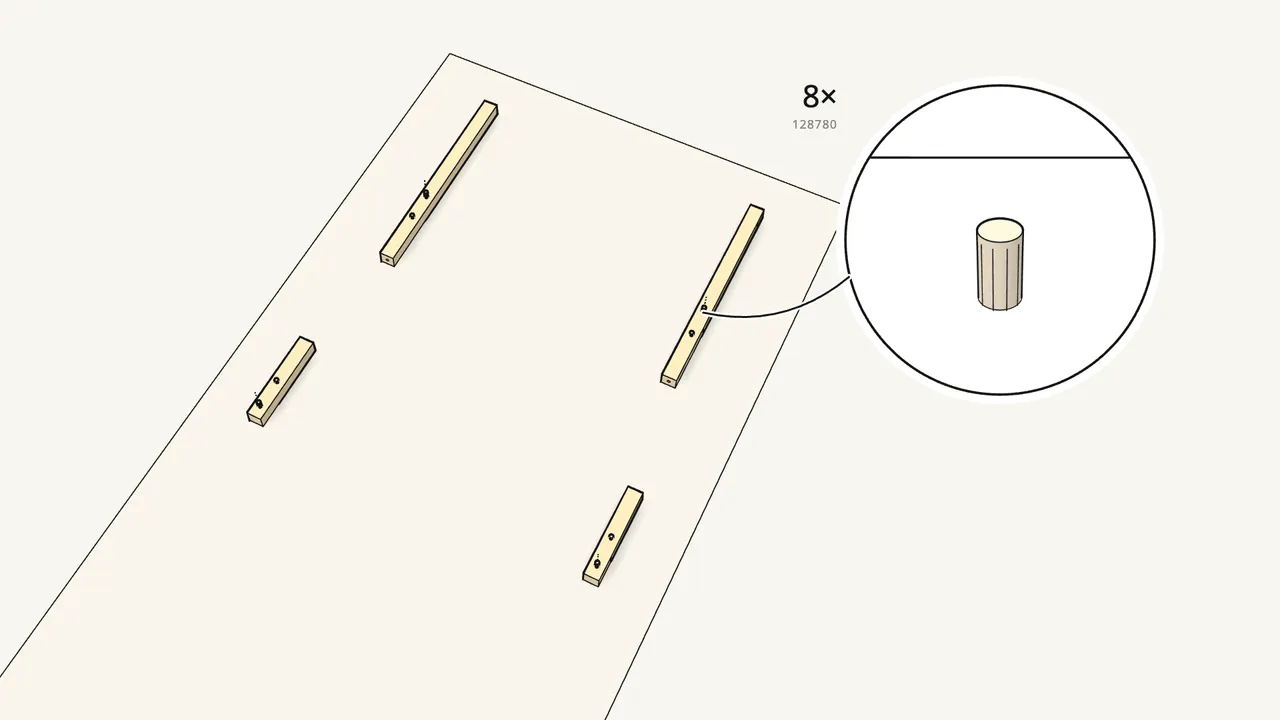 Step 1: Tap 8 long dowels (128780) into the four legs. — IKEA TARVA assembly