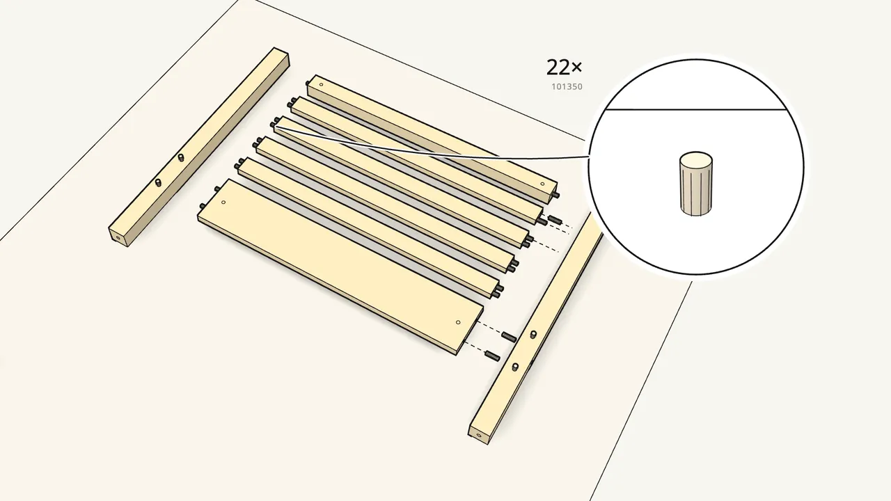 Step 2: Push 22 dowels (101350) into the headboard rails and board. — IKEA TARVA assembly