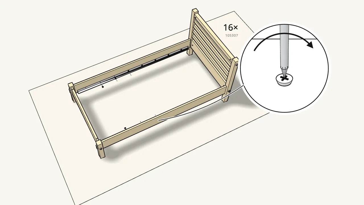 Step 13: Screw the metal rails inside the side rails: 16 screws. — IKEA TARVA assembly