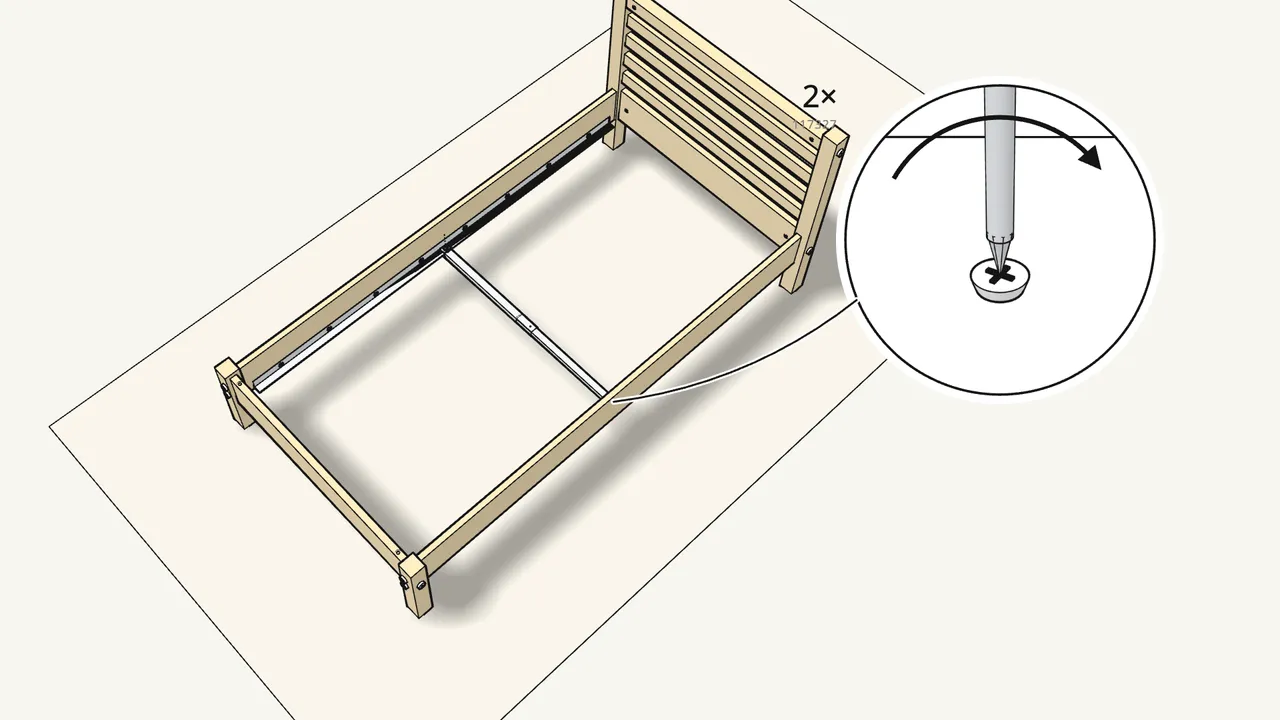Step 15: Hook the beam onto the metal rails, across the middle. — IKEA TARVA assembly