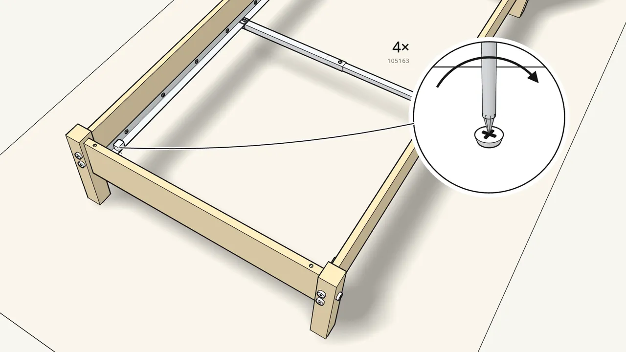 Step 17: Roll-out slats: fit 4 stops (10096286) with screws (105163). — IKEA TARVA assembly
