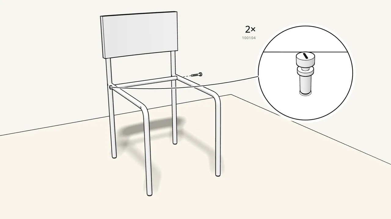 Step 6: Push the back crossbar up and fit 2 bolts (100104) by hand. — IKEA TEODORES assembly