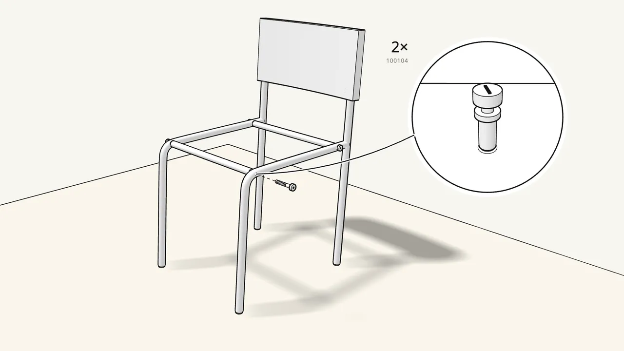 Step 7: Do the same at the front: crossbar up, 2 bolts (100104). — IKEA TEODORES assembly