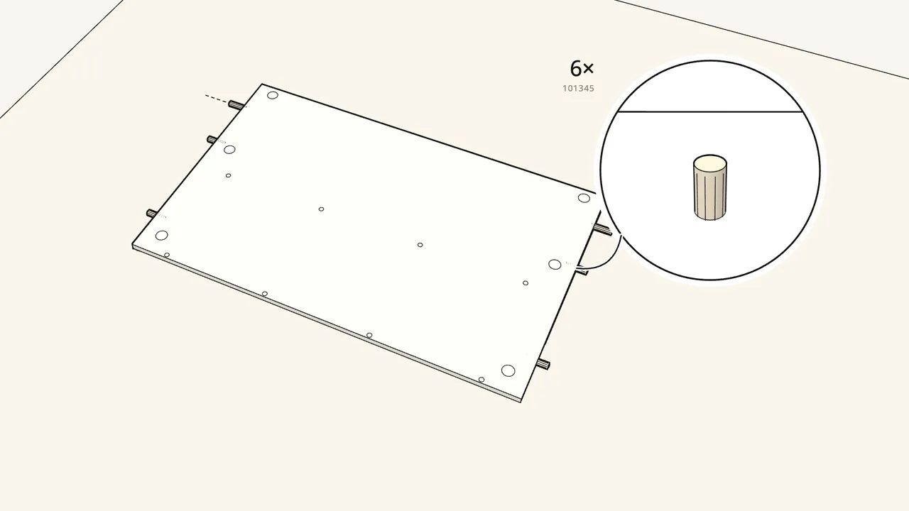 Step 1: Push 6 dowels into the ends of the large panel. — IKEA TORNVIKEN assembly