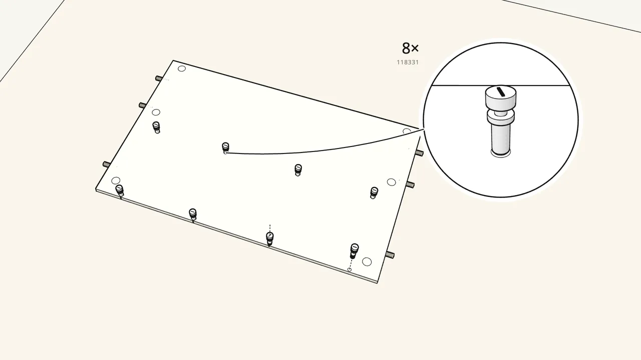 Step 2: Screw 8 cam bolts into the face of the large panel. — IKEA TORNVIKEN assembly