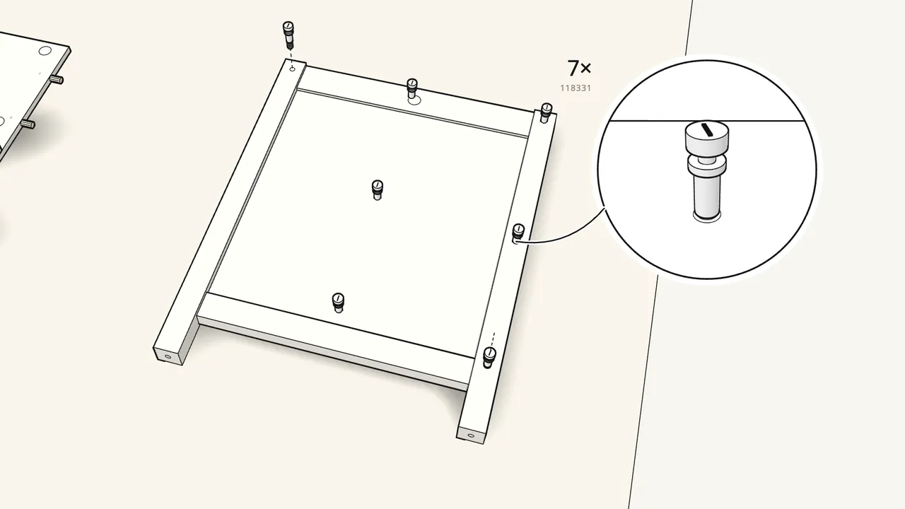 Step 6: Screw 7 cam bolts into the first end frame. — IKEA TORNVIKEN assembly