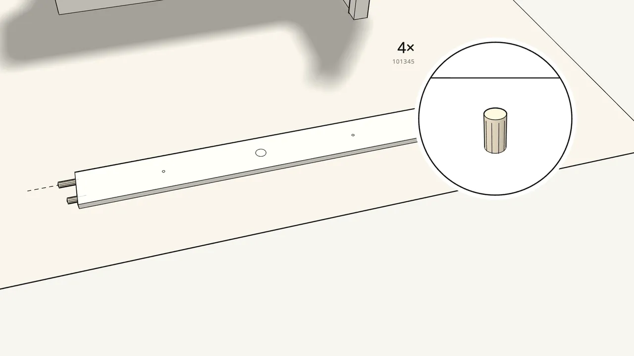 Step 10: Push 4 dowels into the ends of the narrow board. — IKEA TORNVIKEN assembly
