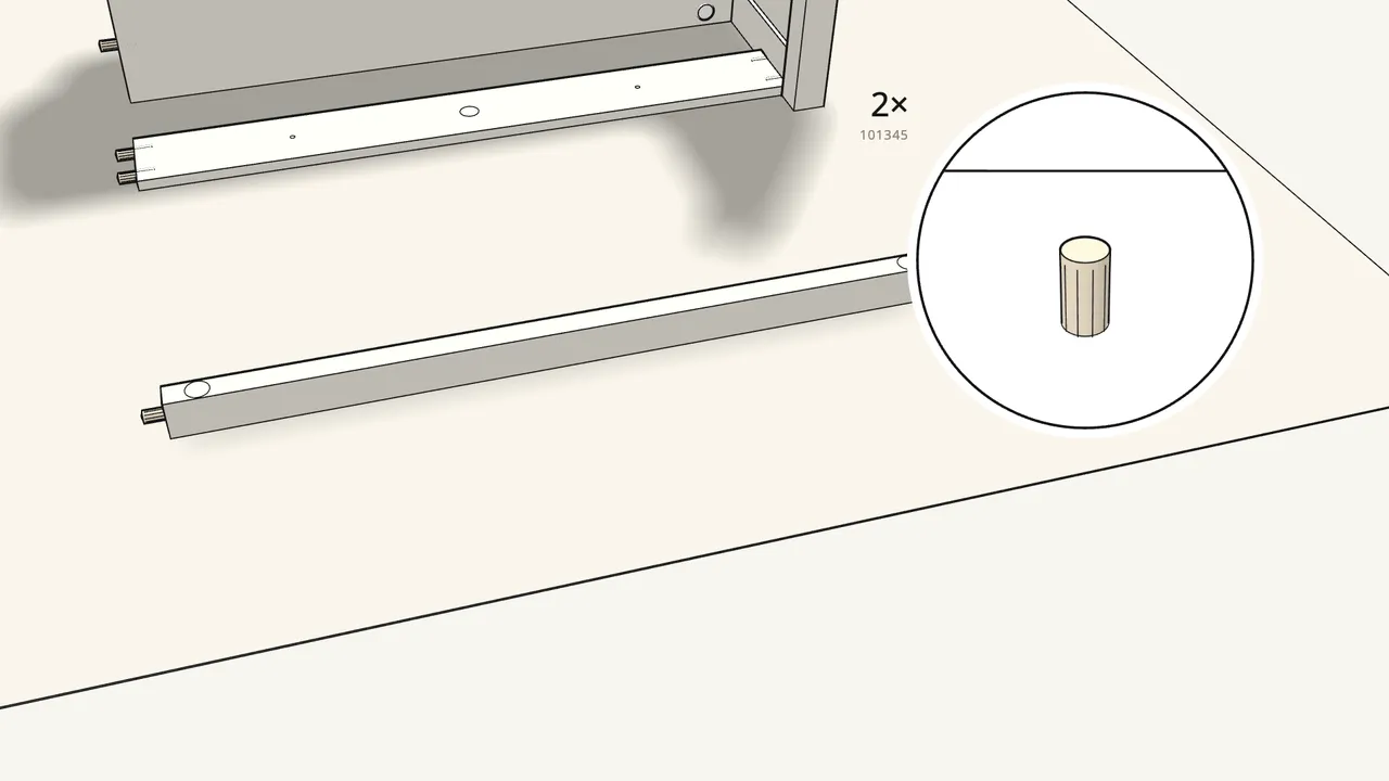 Step 12: Push 2 dowels into the ends of the rail. — IKEA TORNVIKEN assembly