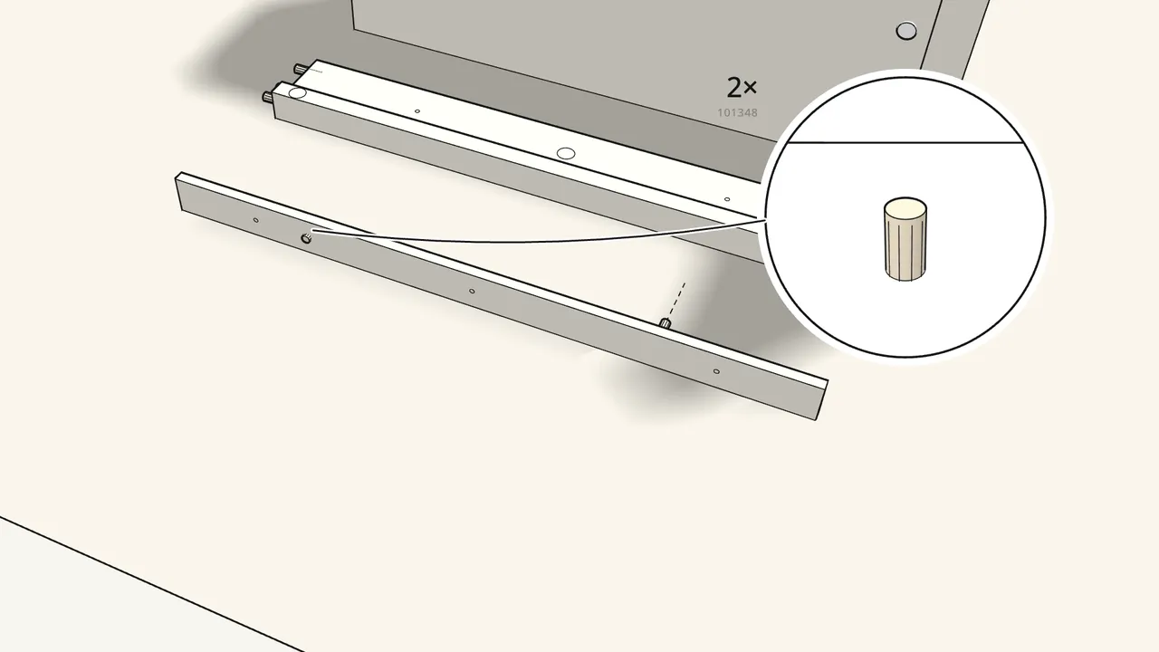 Step 15: Push 2 short dowels (101348) into the strip. — IKEA TORNVIKEN assembly