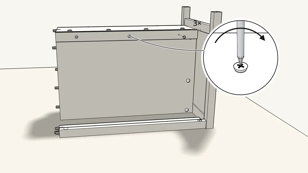 Step 16: Fit the strip to the back panel with 3 screws (100364). — IKEA TORNVIKEN assembly