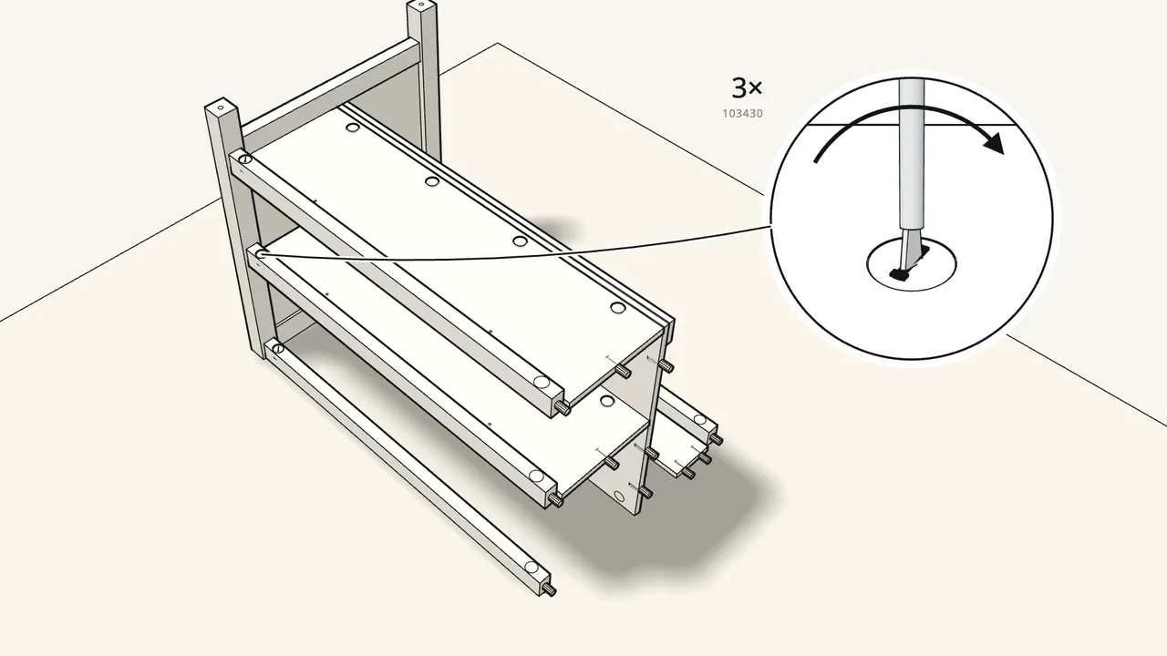 Step 19: Insert 3 cam locks in the front rails and turn them clockwise. — IKEA TORNVIKEN assembly