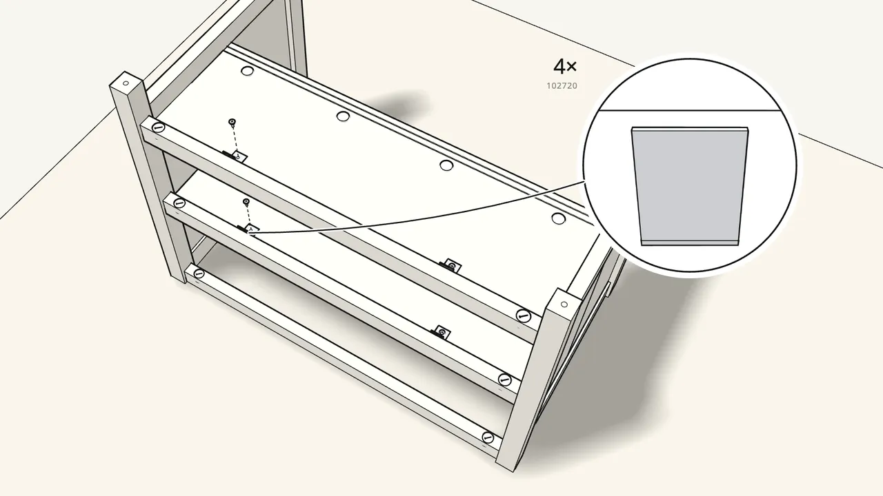 Step 23: Fix 4 brackets (102720) with 8 screws (113928). — IKEA TORNVIKEN assembly