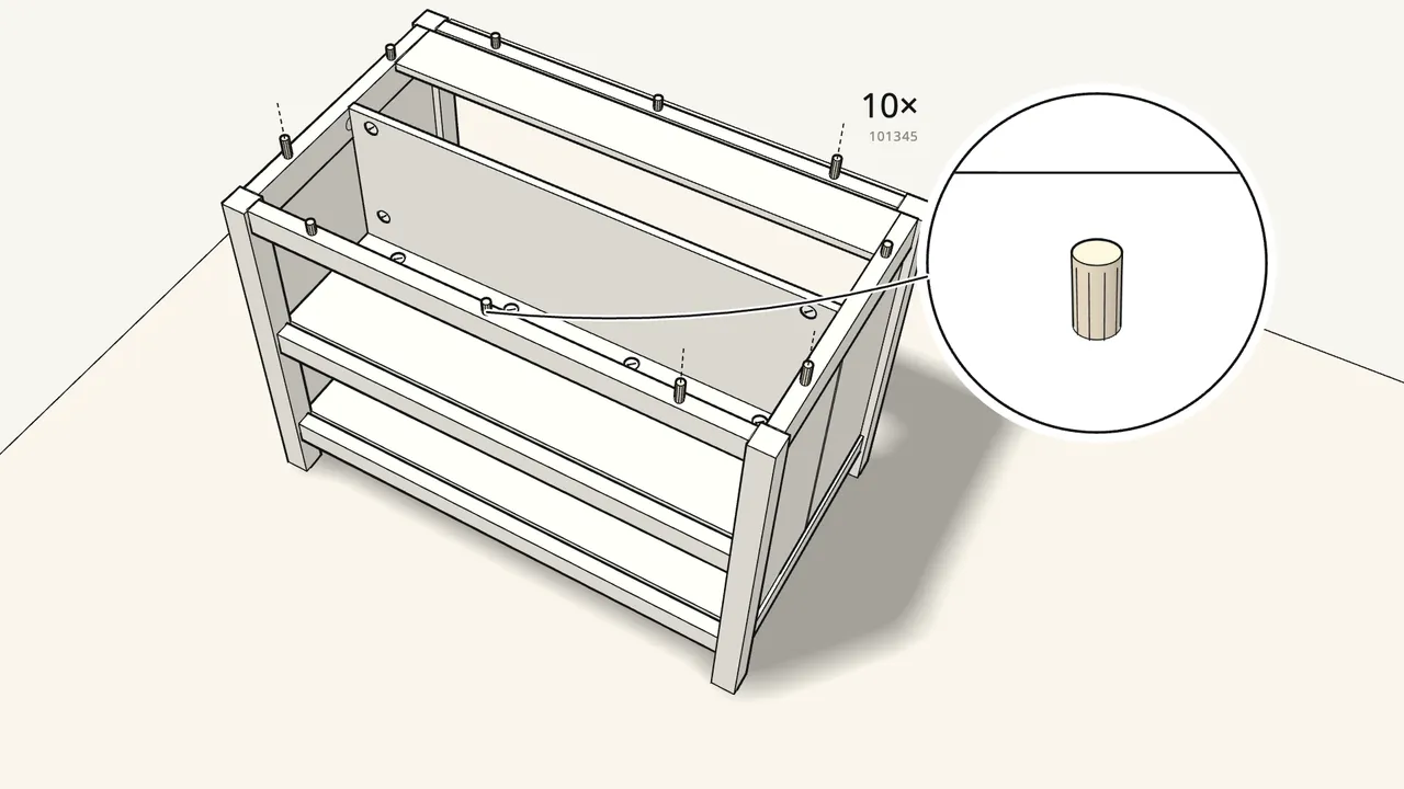 Step 26: Push 10 dowels into the top edges of the frame. — IKEA TORNVIKEN assembly