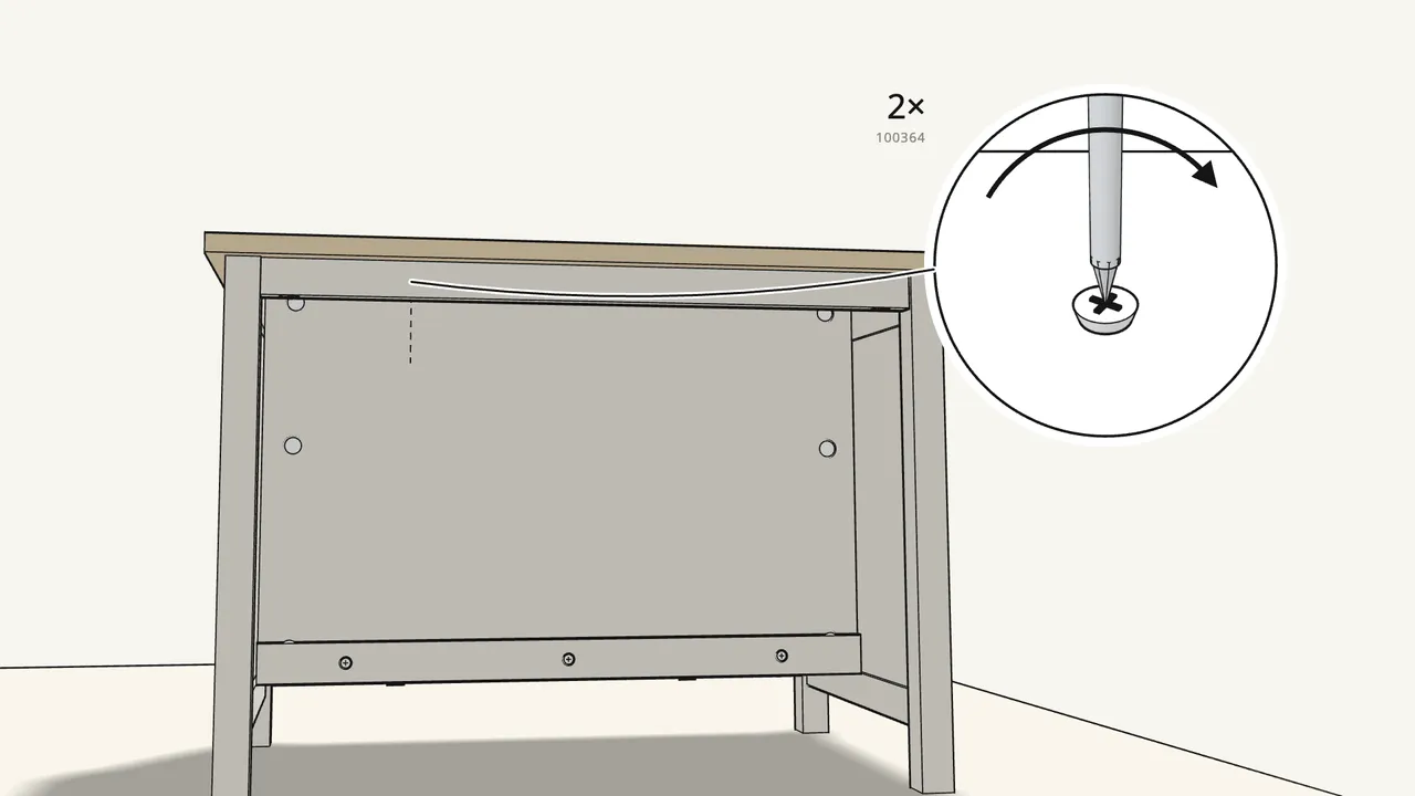Step 30: Turn the island around and fix 2 screws (100364) up into the top. — IKEA TORNVIKEN assembly