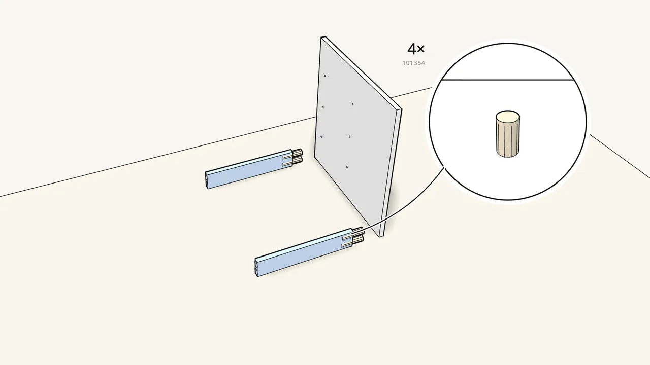 Step 1: Push 4 long dowels (101354) into the short strips, fit to a divider. — IKEA TROFAST assembly
