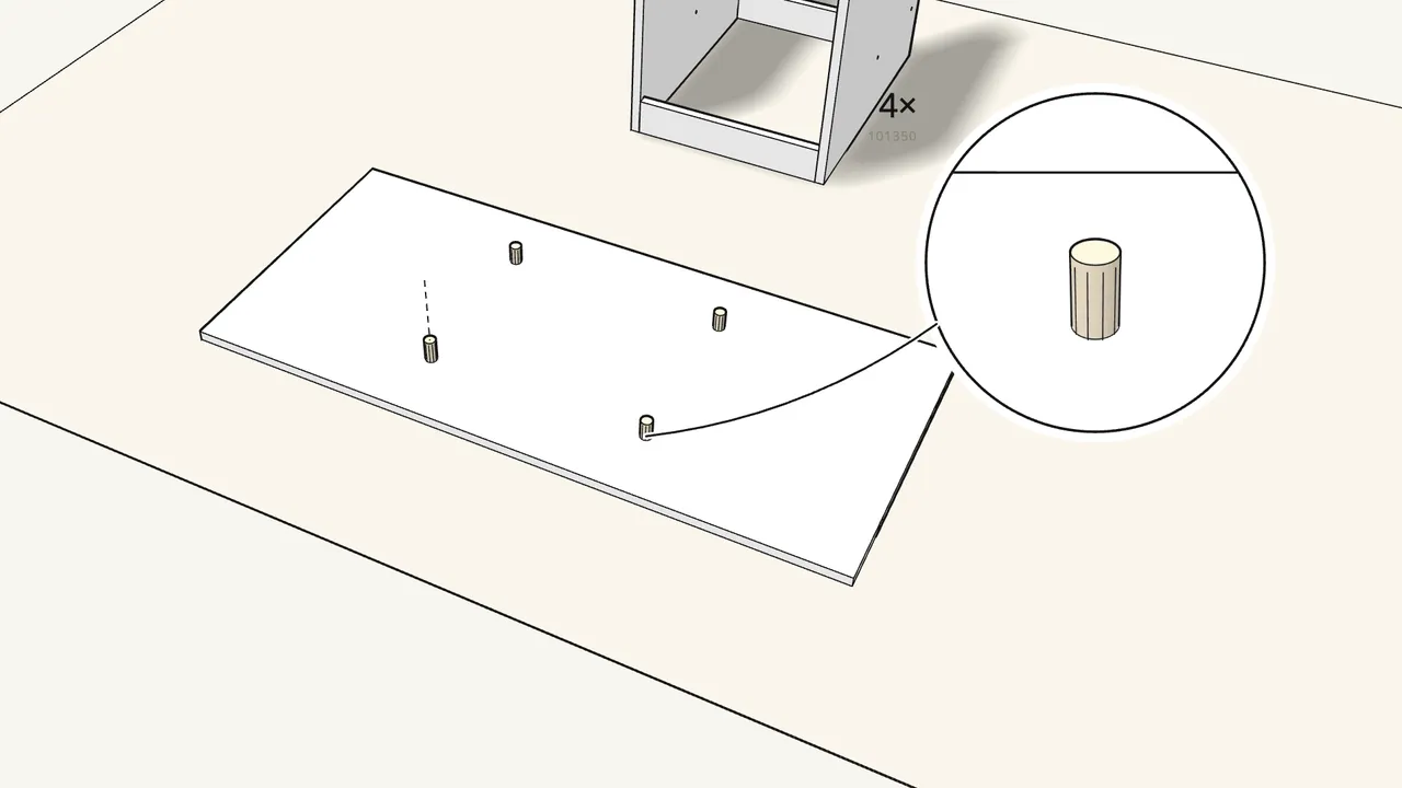 Step 3: Push 4 dowels (101350) into the holes in the long panel. — IKEA TROFAST assembly