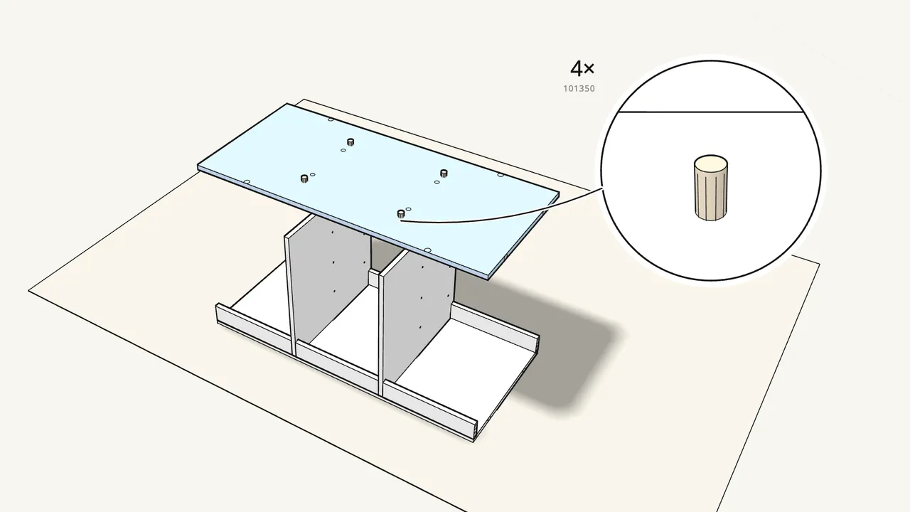 Step 6: Push 4 dowels (101350) into the dividers and place the next panel on top. — IKEA TROFAST assembly
