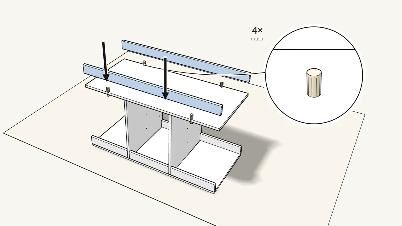 Step 8: Push 4 dowels (101350) into the panel and press the 2 long strips on. — IKEA TROFAST assembly