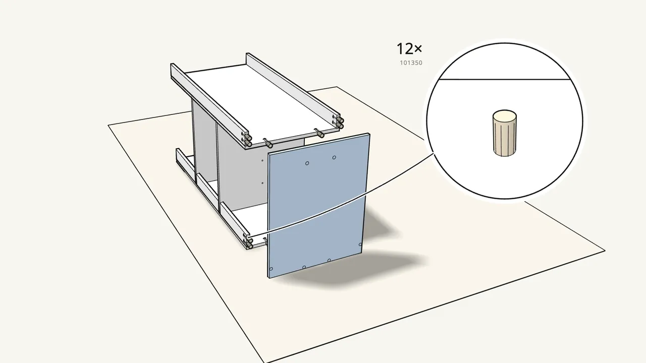Step 9: Push 12 dowels (101350) into the ends and fit the first side panel. — IKEA TROFAST assembly