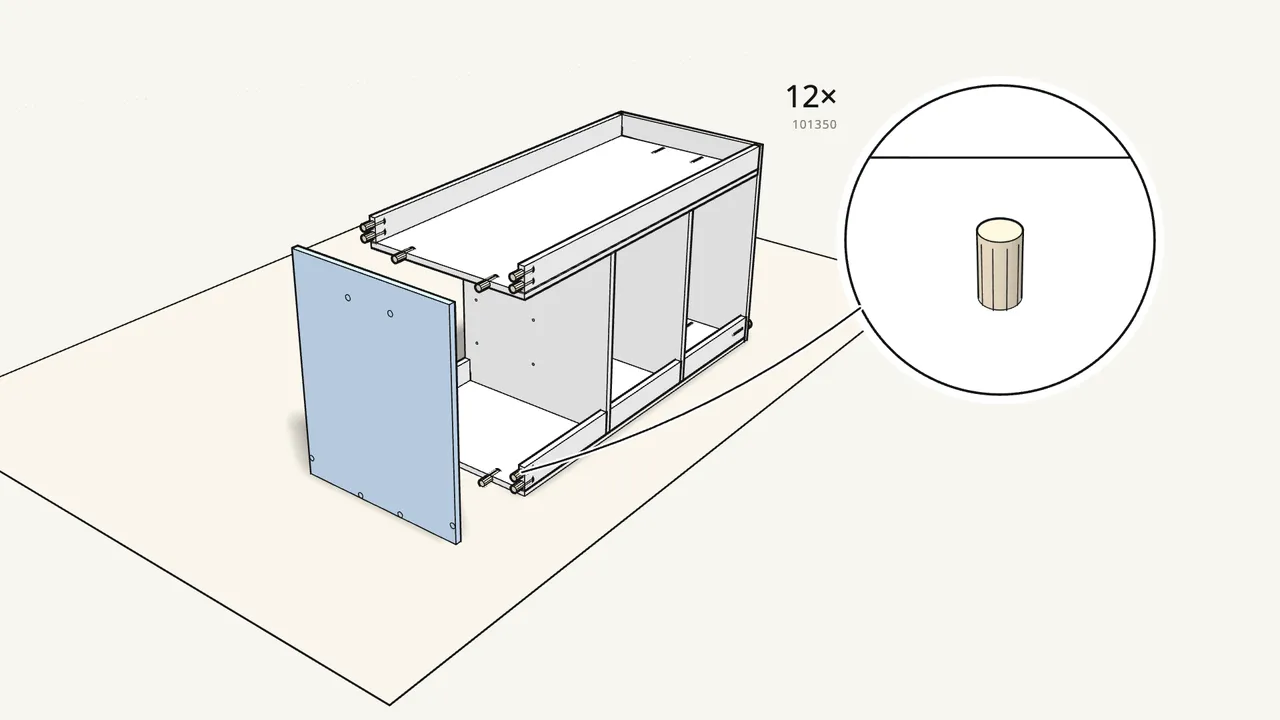 Step 11: Push 12 dowels (101350) into the other ends and fit the second side. — IKEA TROFAST assembly