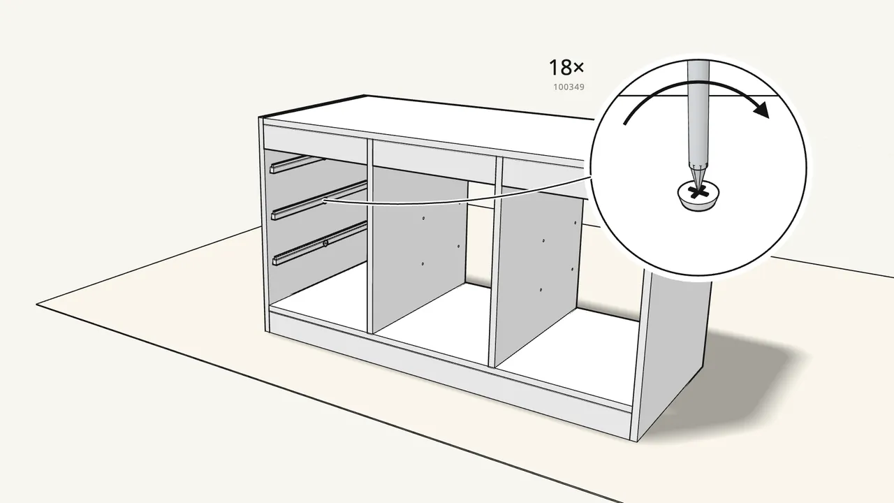 Step 14: Screw on the box rails (120056), 1 screw (100349) each. — IKEA TROFAST assembly
