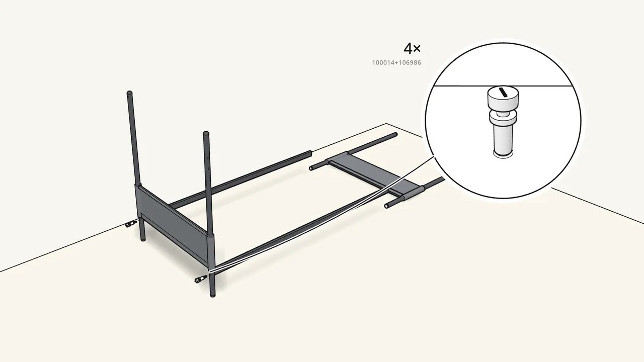 Step 6: Stand one end frame up and connect rails 1 and 2 to it. — IKEA TUFFING assembly